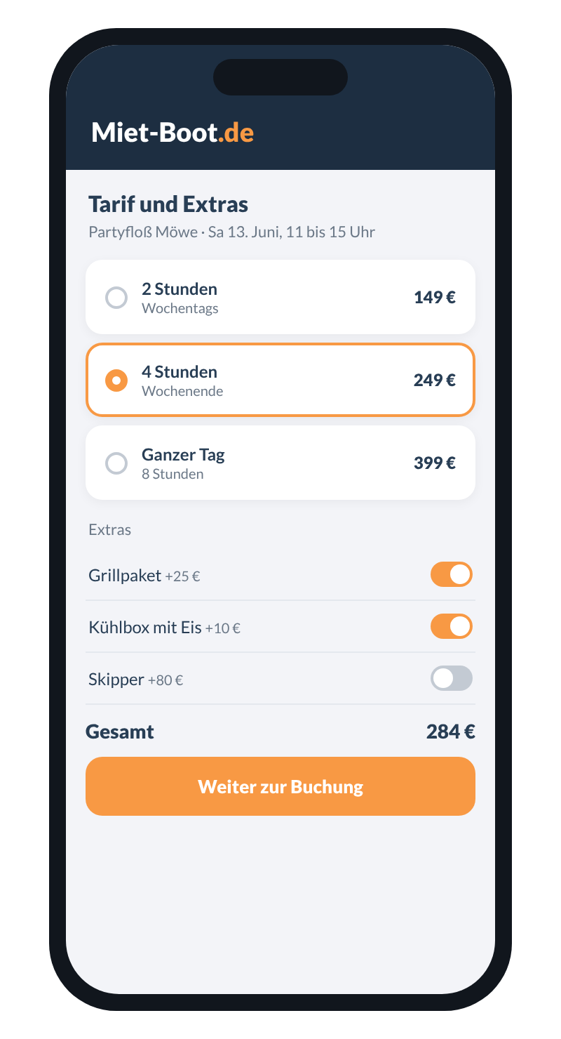 Bootsanzeige mit Tarifen und Extras wie Grillpaket, Kühlbox und Skipper
