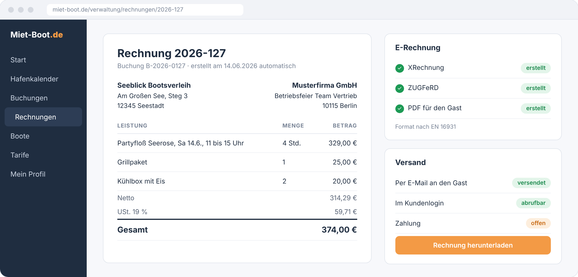 Rechnung im Buchungssystem mit XRechnung, ZUGFeRD und Versandstatus