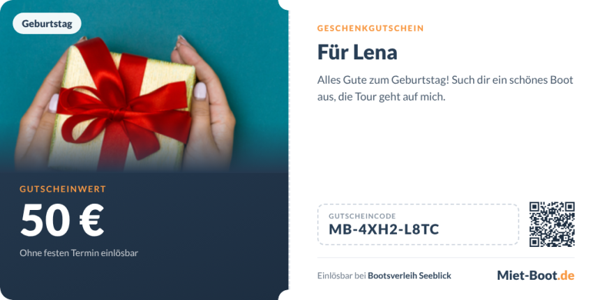 Bootsgutschein mit Geschenkmotiv und persönlicher Nachricht