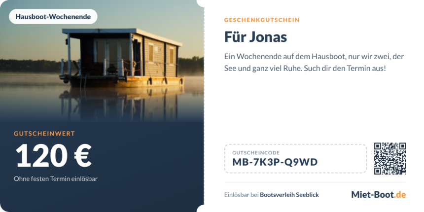 Bootsgutschein mit Hausboot, Betrag, Gutscheincode und QR-Code