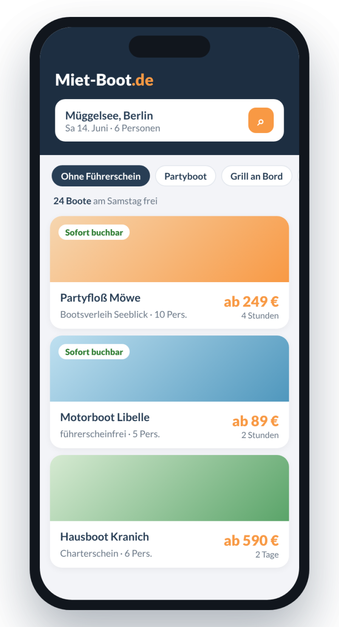 Boot suchen mit dem Handy: Suchergebnisse mit Preisen und Sofortbuchung