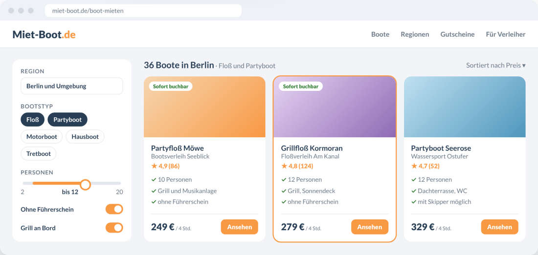 Boote vergleichen: Filter nach Region, Bootstyp und Personen, Preise auf einen Blick