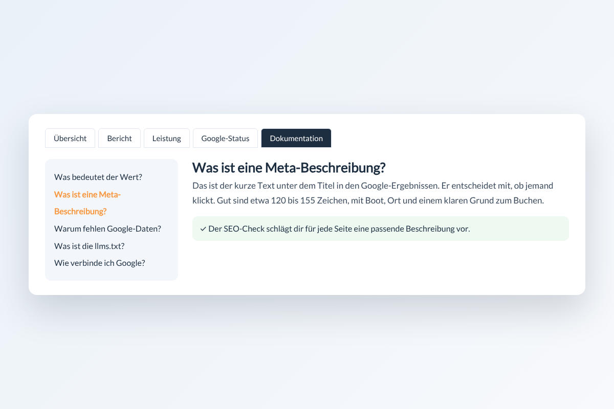 SEO-Check Dokumentation im Miet-Boot WordPress-Plugin