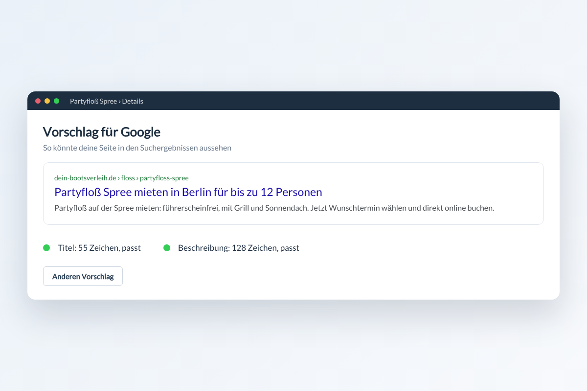 Vorschlag für Titel und Beschreibung im SEO-Check